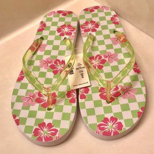Aeropostale Checkerboard Green Pink Floral Flip-Flop Thong Sandals